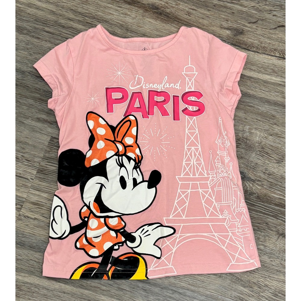 Disney Girls Disneyland Paris Minnie Mouse Tee Shirt Size 9/10 Pink Eiffel Tower